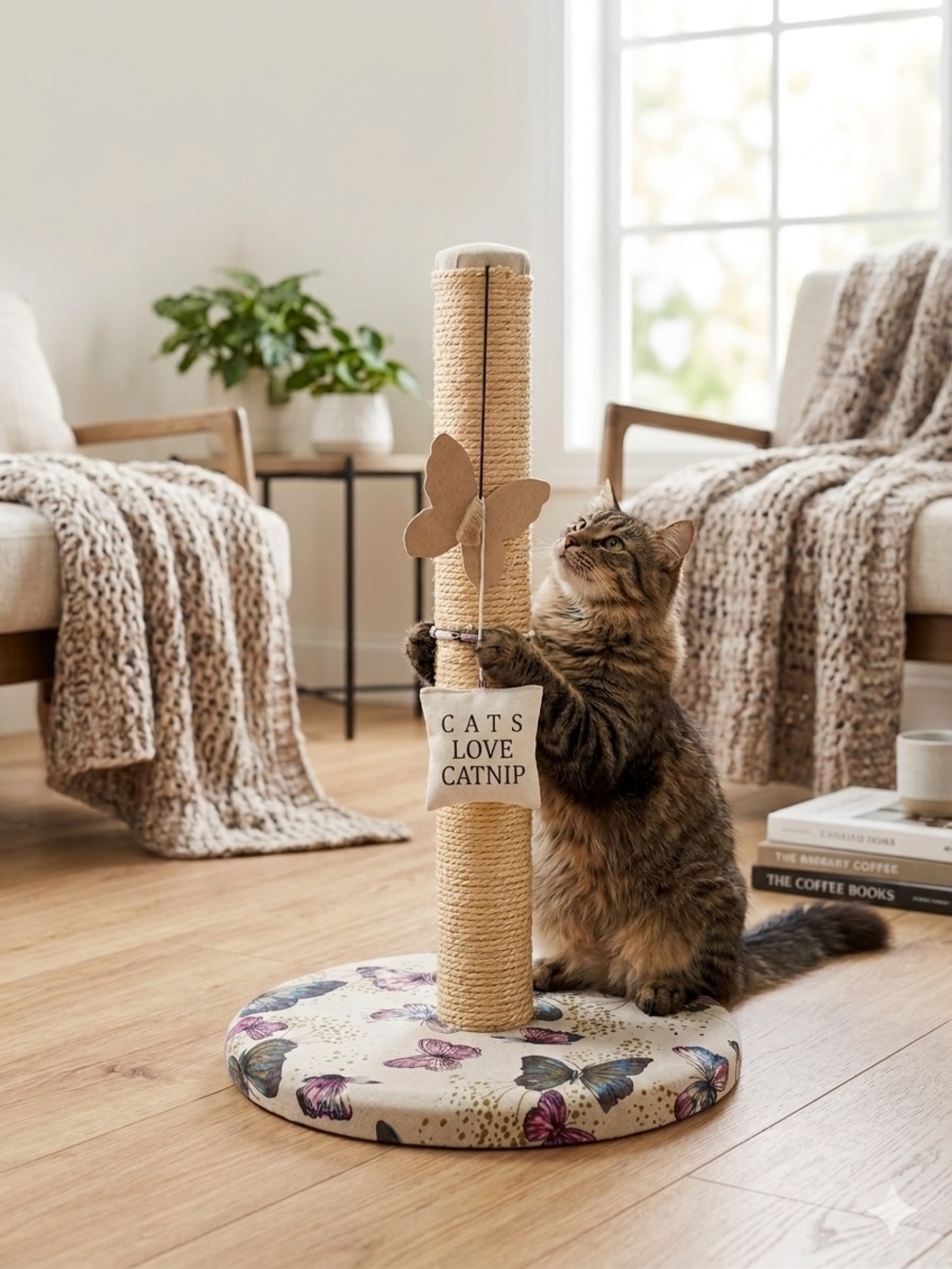 ​Cat Scratching Post with Sisal Rope & Hanging Catnip Toy - Butterfly Design